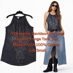 Harley Davidson Charcoal Graphic Fringe Tank Top Y2K Made in USA Small Cotton